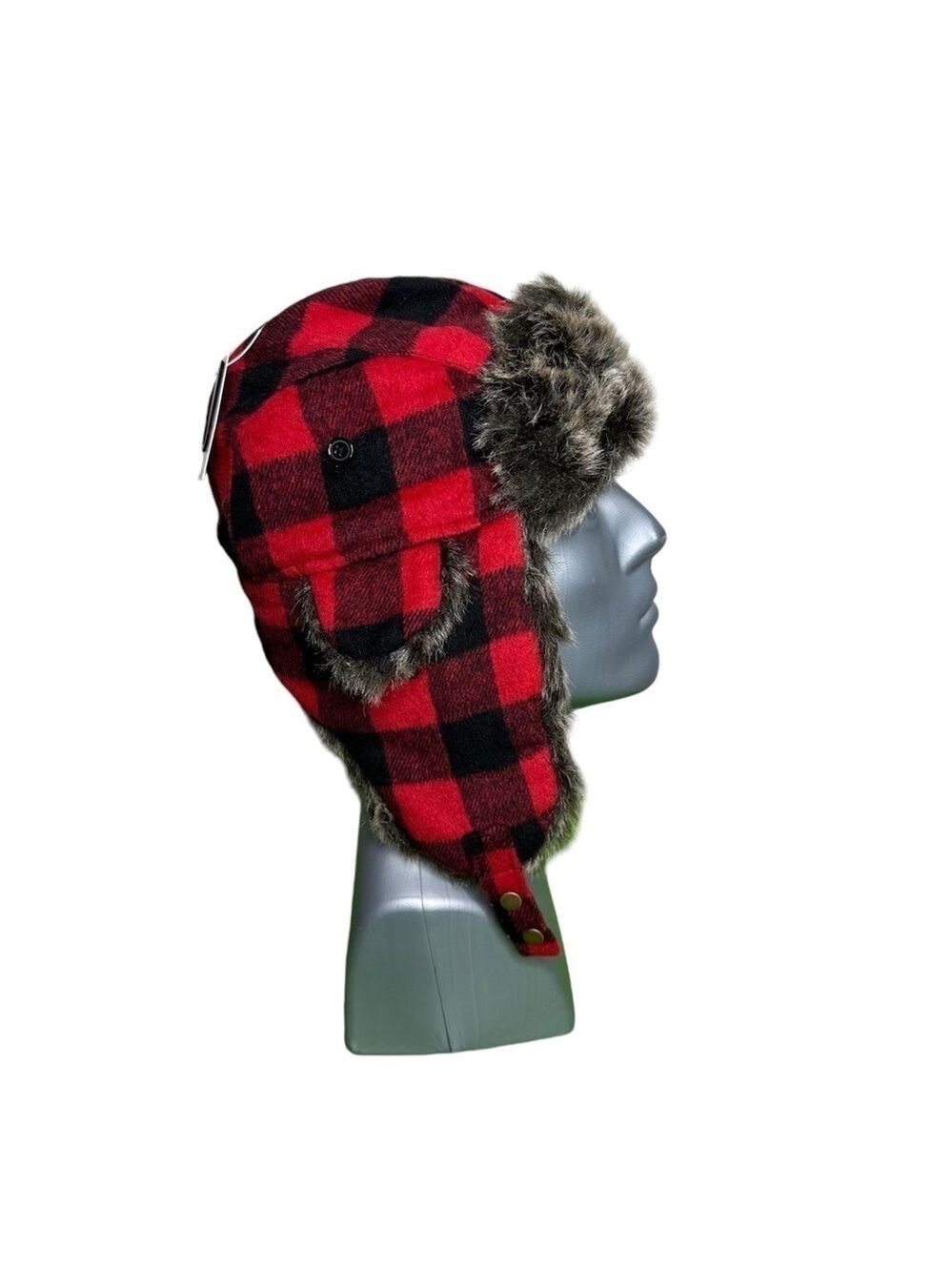 Sonoma Buffalo Plaid Trapper Hat Red Black Faux Fur Ear Flaps OS